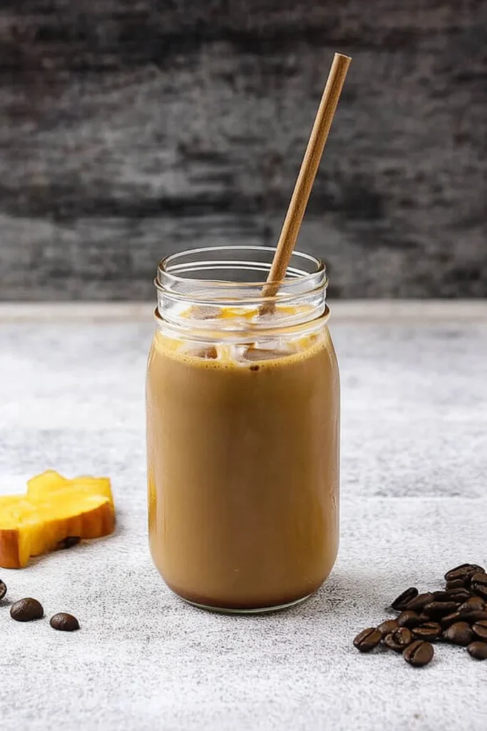 Eiskaffee in einem Glas mit Holzstrohhalm, umgeben von Kaffeebohnensplittern und einer Orangenscheibe.