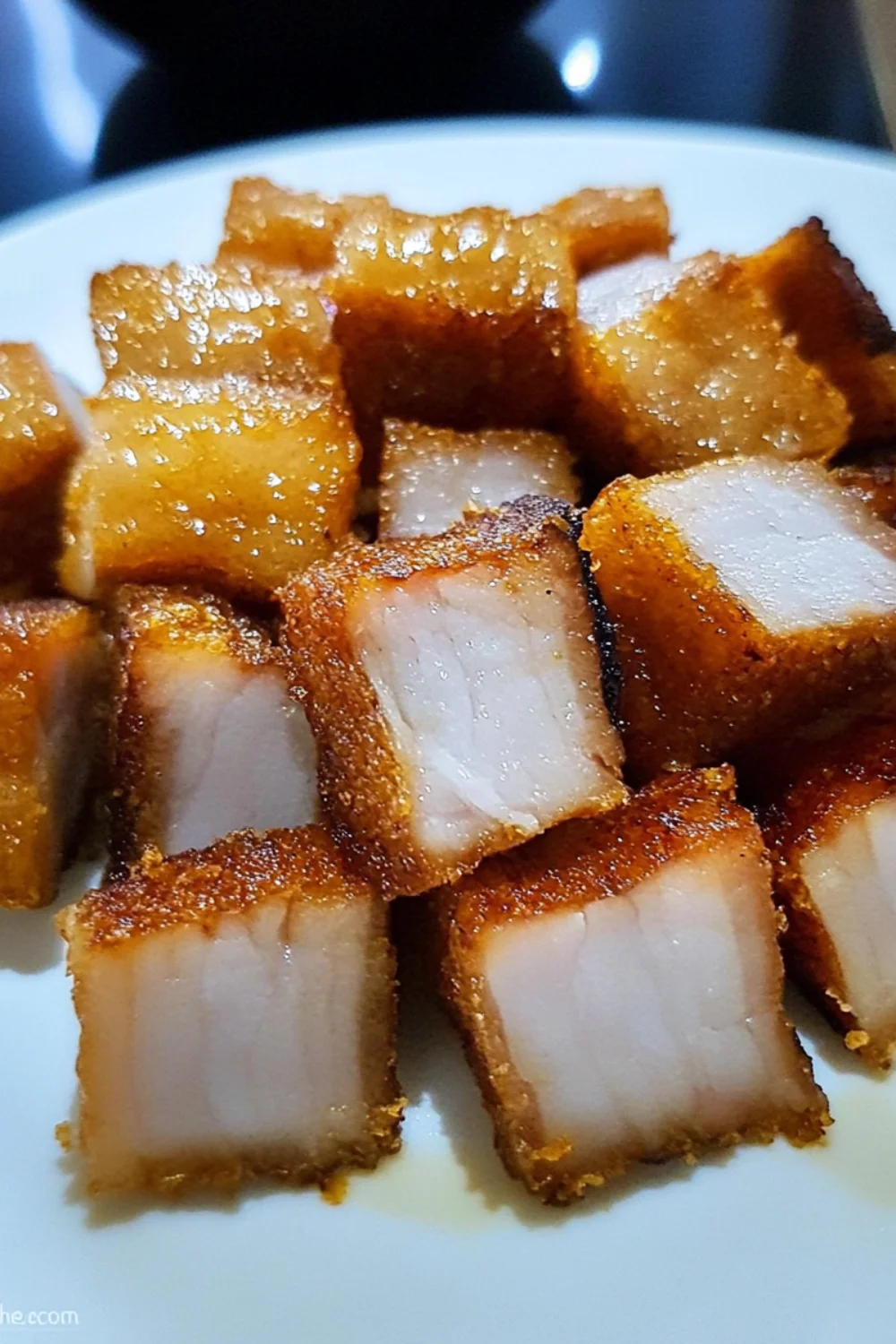 Köstlich frittierte, goldbraune Schweinebauchstücke, die in Würfel geschnitten sind und eine knusprige Kruste mit zartem, saftigem Fleisch im Inneren haben.