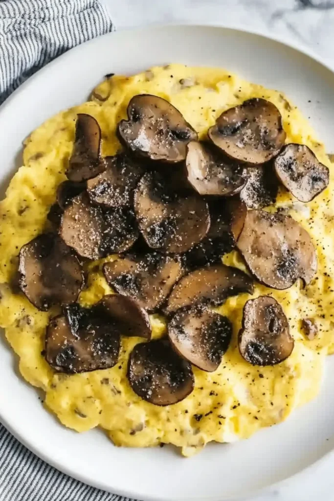 Ein cremiges Rührei mit saftigen, gebratenen Champignons, großzügig mit frisch gemahlenem Pfeffer bestreut, serviert auf einem weißen Teller mit gestreiftem Stoffserviette im Hintergrund.