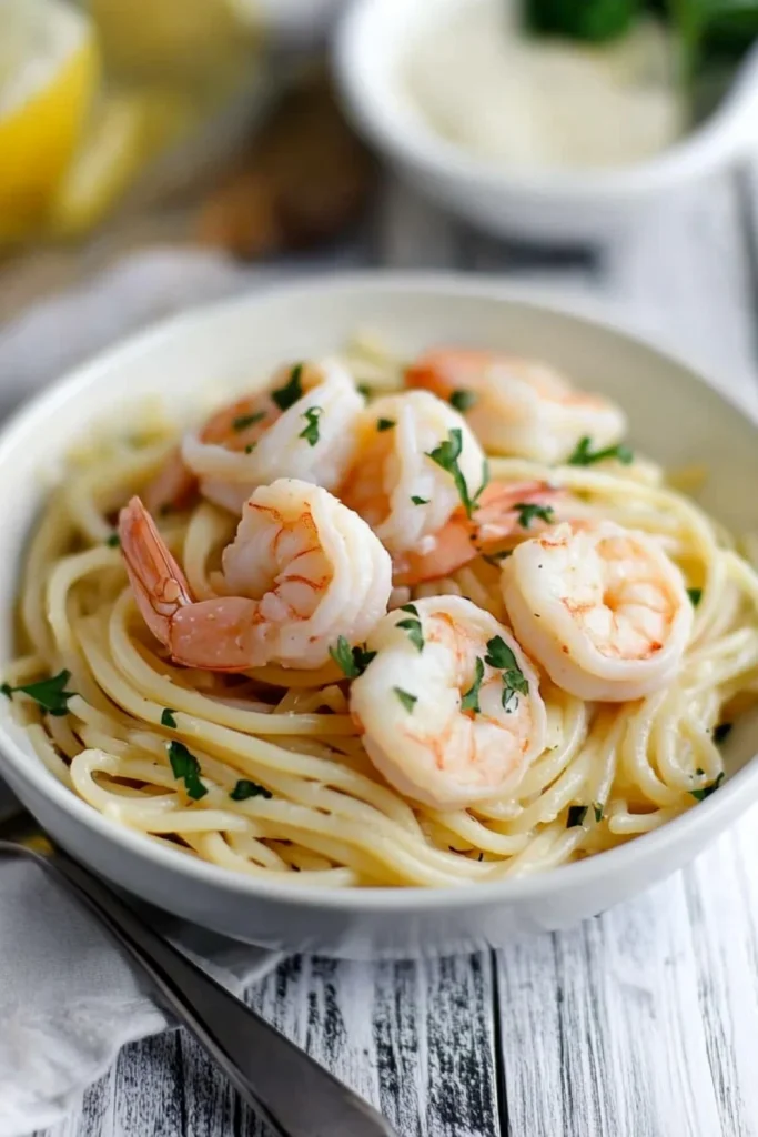 Spaghetti mit Garnelen und frischem Kräuter-Topping in einer Schale.
