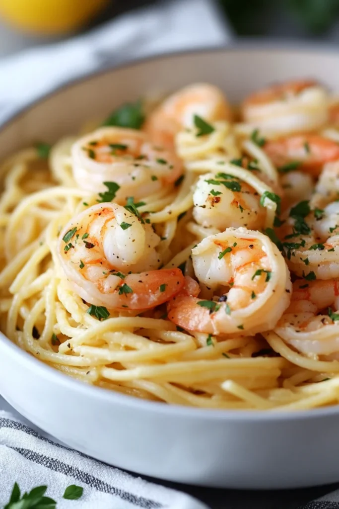 Spaghetti mit Garnelen und frischem Kräuter-Topping in einer Schale.