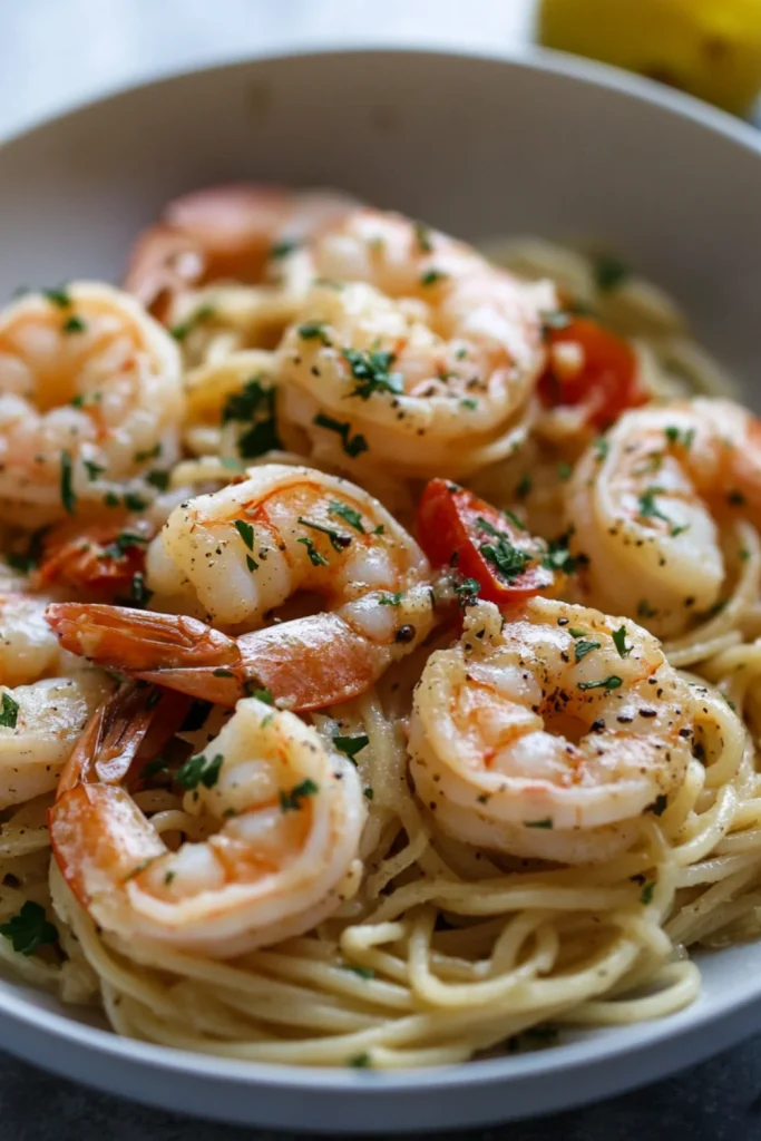 Spaghetti mit Garnelen und frischem Kräuter-Topping in einer Schale.