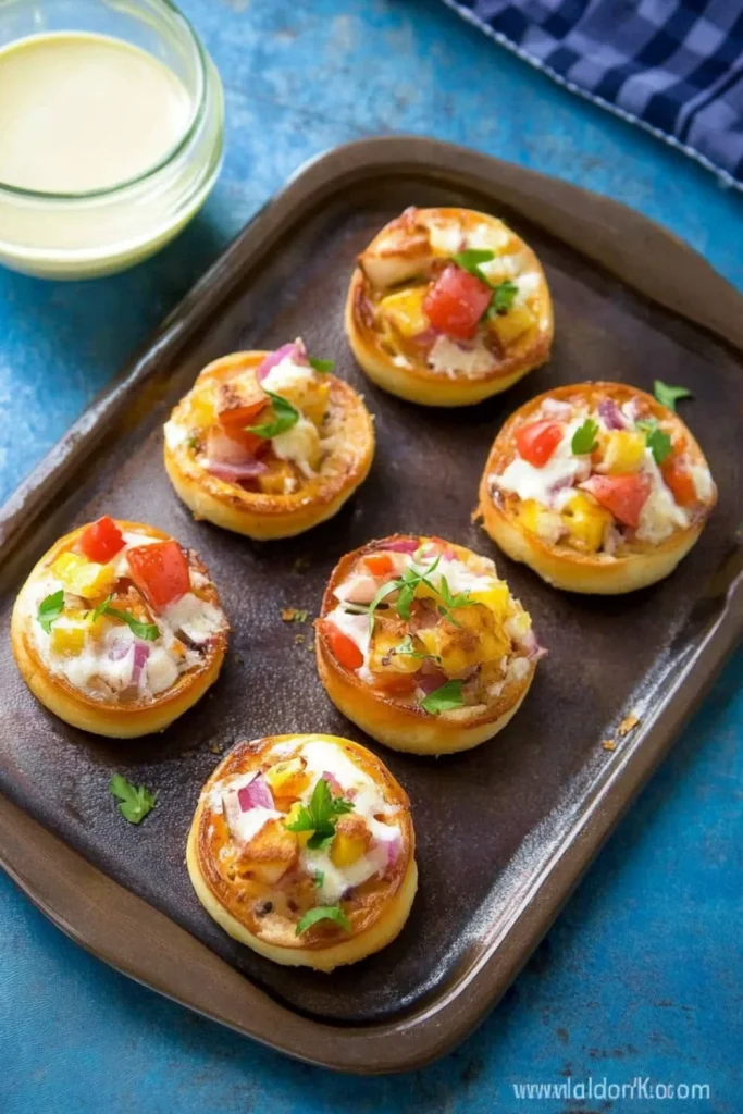 Kleine Crostini-Häppchen mit Frischkäse, geräuchertem Lachs und frischem Schnittlauch, serviert auf einem Holzbrett.