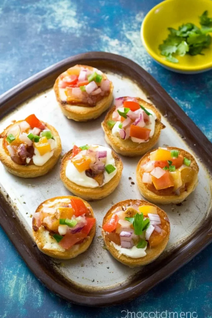 Kleine Crostini-Häppchen mit Frischkäse, geräuchertem Lachs und frischem Schnittlauch, serviert auf einem Holzbrett.