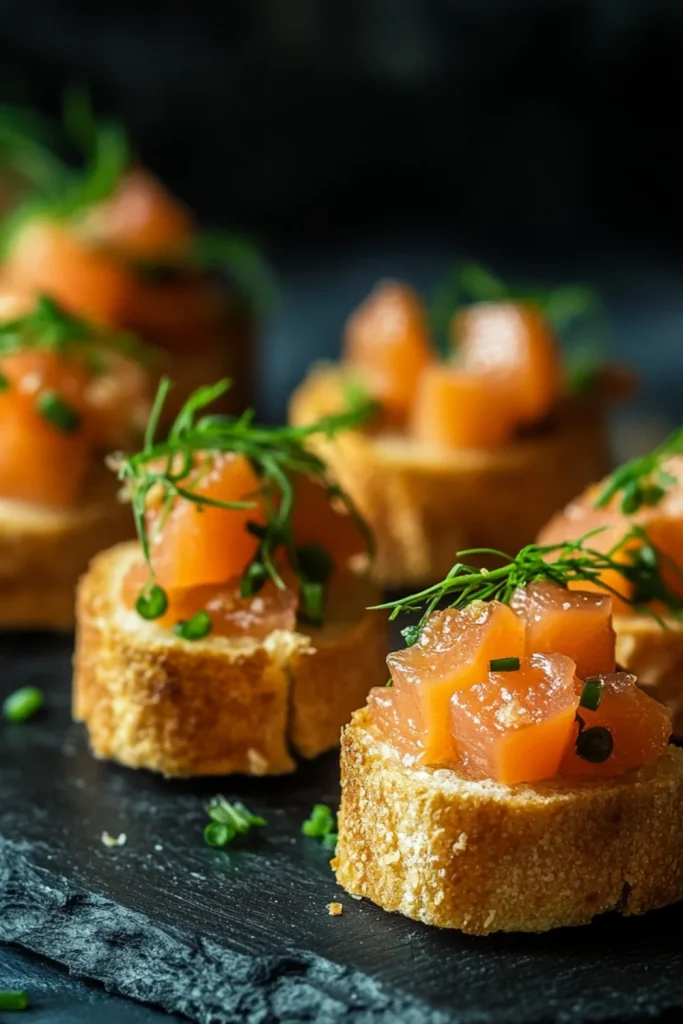 Kleine Crostini-Häppchen mit Frischkäse, geräuchertem Lachs und frischem Schnittlauch, serviert auf einem Holzbrett.