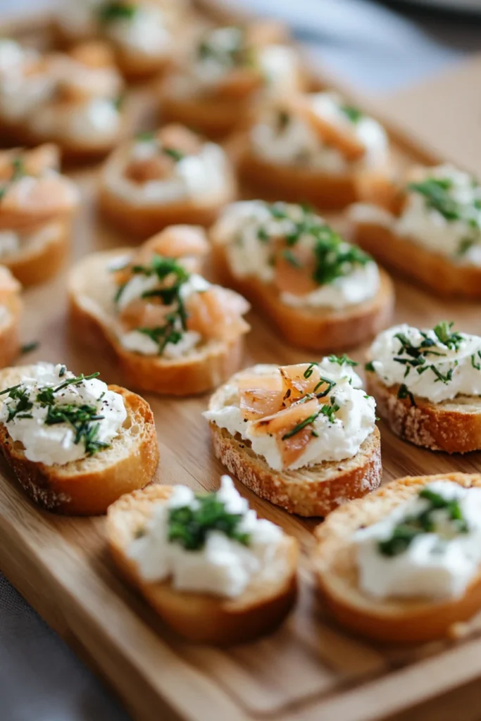 Kleine Crostini-Häppchen mit Frischkäse, geräuchertem Lachs und frischem Schnittlauch, serviert auf einem Holzbrett.