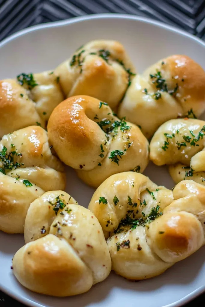 Ein Teller mit knusprig gebackenen Knoblauchknoten, glasiert mit Kräuterbutter und bestreut mit frischer Petersilie.
