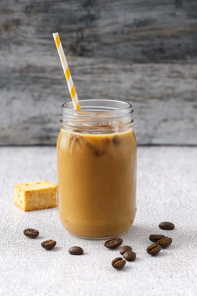 Eiskaffee in einem Glas mit Holzstrohhalm, umgeben von Kaffeebohnensplittern und einer Orangenscheibe.