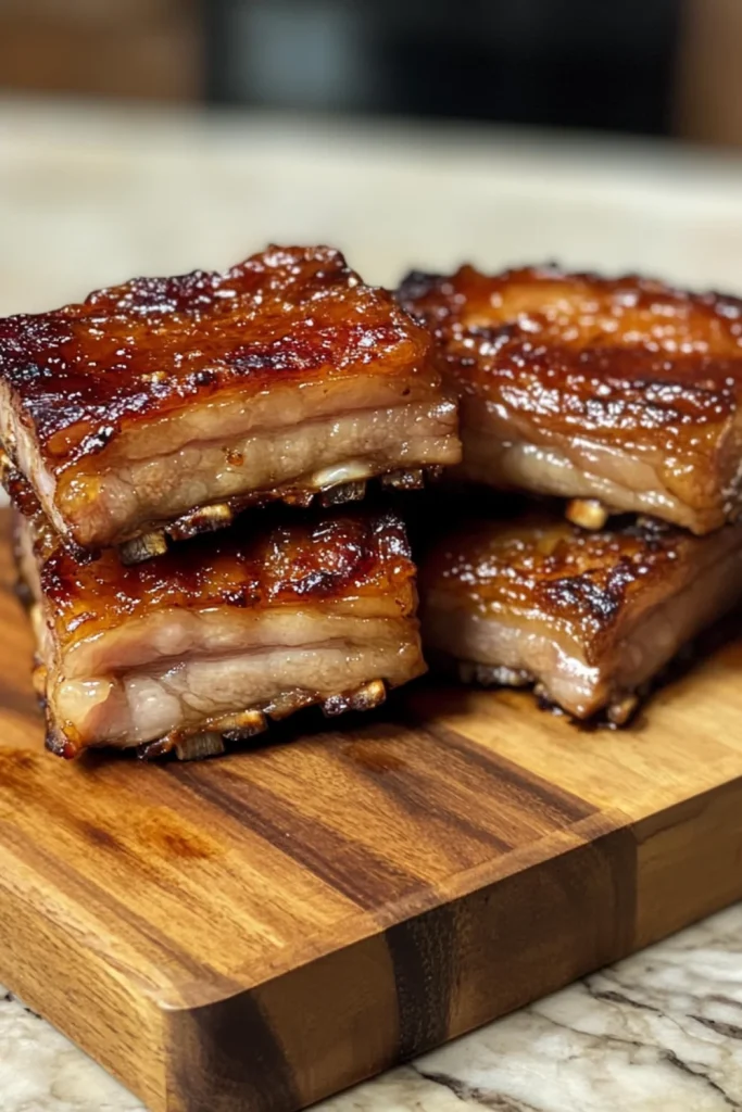 Köstlich frittierte, goldbraune Schweinebauchstücke, die in Würfel geschnitten sind und eine knusprige Kruste mit zartem, saftigem Fleisch im Inneren haben.