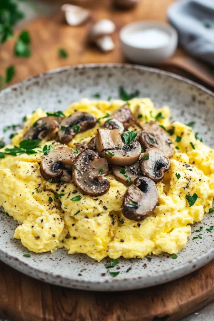 Ein cremiges Rührei mit saftigen, gebratenen Champignons, großzügig mit frisch gemahlenem Pfeffer bestreut, serviert auf einem weißen Teller mit gestreiftem Stoffserviette im Hintergrund.