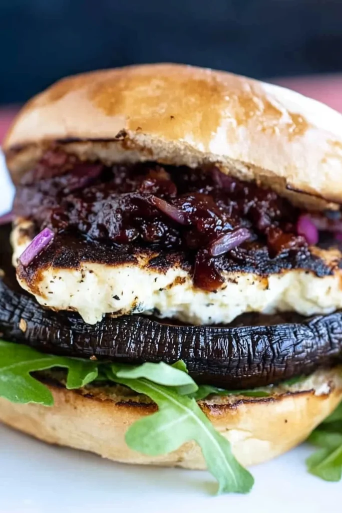 Grilled portobello mushroom burger with grilled halloumi cheese, fresh tomato, arugula, and red onions on a plate.