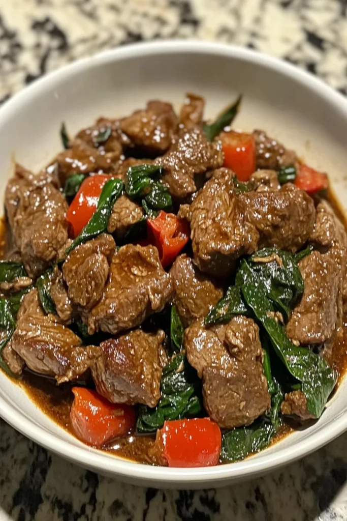 Glasierte Hähnchenschenkel in einer dunklen Sauce mit Sesam, Koriander, Karotten, Erbsen und grünen Bohnen in einer Pfanne.