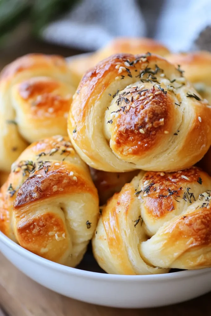 Ein Teller mit knusprig gebackenen Knoblauchknoten, glasiert mit Kräuterbutter und bestreut mit frischer Petersilie.