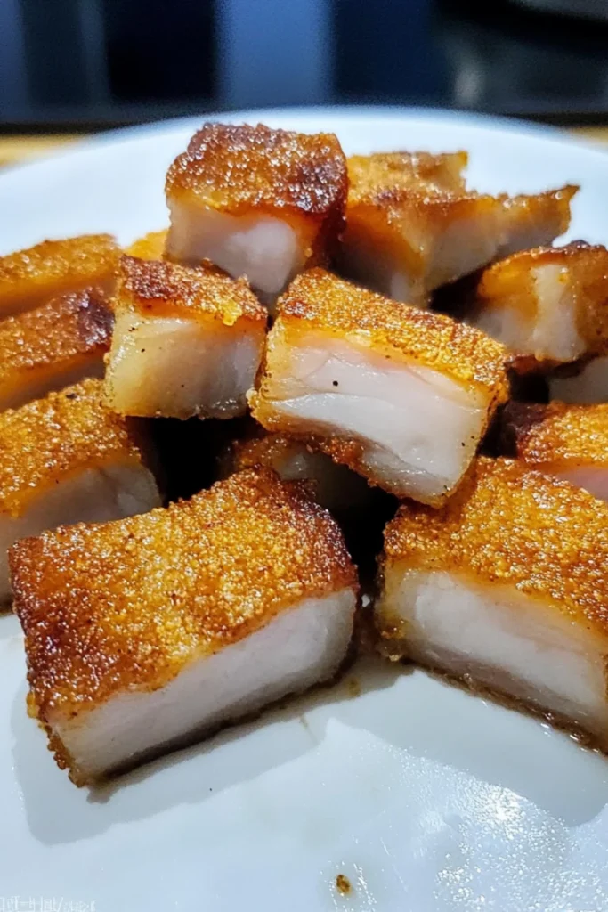 Köstlich frittierte, goldbraune Schweinebauchstücke, die in Würfel geschnitten sind und eine knusprige Kruste mit zartem, saftigem Fleisch im Inneren haben.