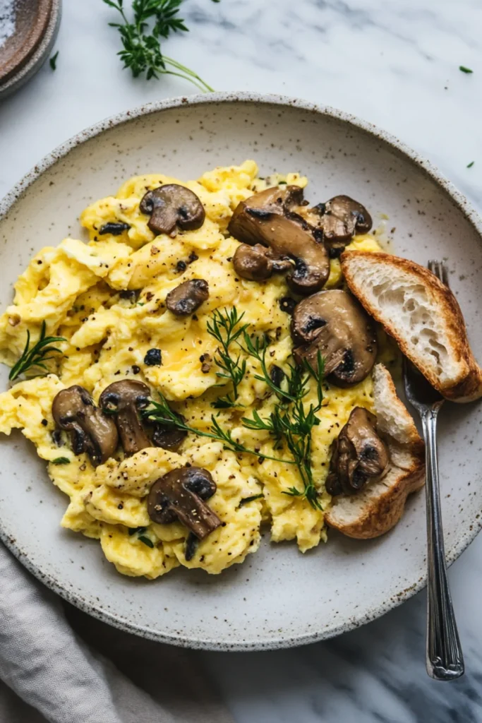 Ein cremiges Rührei mit saftigen, gebratenen Champignons, großzügig mit frisch gemahlenem Pfeffer bestreut, serviert auf einem weißen Teller mit gestreiftem Stoffserviette im Hintergrund.
