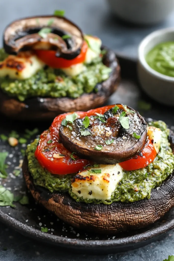 Grilled portobello mushroom burger with grilled halloumi cheese, fresh tomato, arugula, and red onions on a plate.