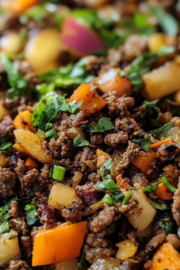 Glasierte Hähnchenschenkel in einer dunklen Sauce mit Sesam, Koriander, Karotten, Erbsen und grünen Bohnen in einer Pfanne.