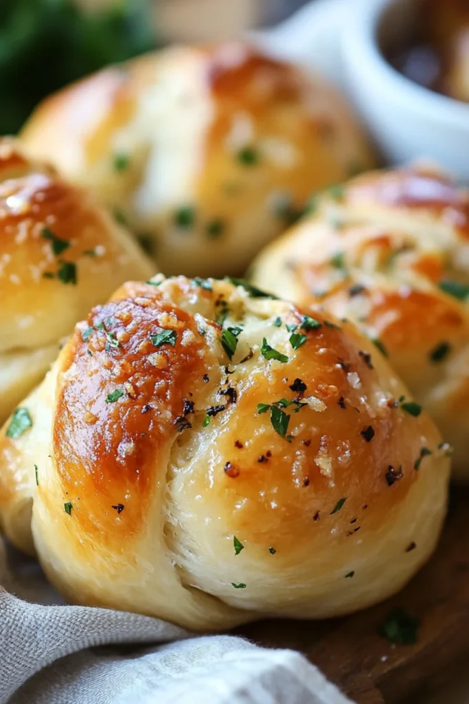 Ein Teller mit knusprig gebackenen Knoblauchknoten, glasiert mit Kräuterbutter und bestreut mit frischer Petersilie.
