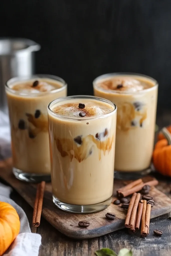 Eiskaffee in einem Glas mit Holzstrohhalm, umgeben von Kaffeebohnensplittern und einer Orangenscheibe.