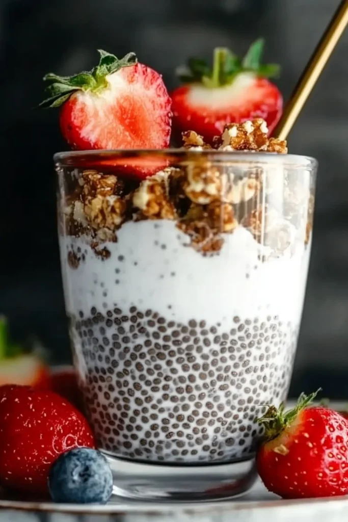 Ein Glas gefüllt mit cremigem Chia-Pudding, knusprigem Granola und frischen, saftigen Erdbeeren, garniert mit einer halbierten Erdbeere und einem goldenen Löffel. Im Hintergrund sind weitere Beeren auf einem rustikalen Teller zu sehen.