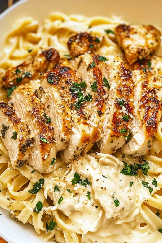 Close-up of creamy fettuccine alfredo pasta topped with grilled chicken slices and sprinkled with parsley.