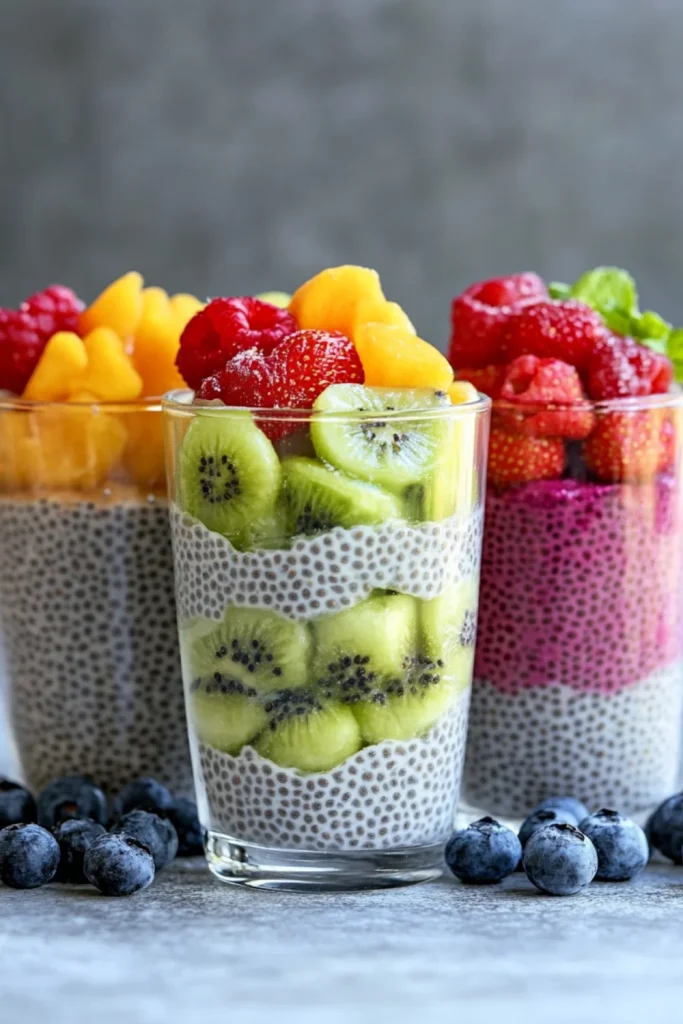 Ein Glas gefüllt mit cremigem Chia-Pudding, knusprigem Granola und frischen, saftigen Erdbeeren, garniert mit einer halbierten Erdbeere und einem goldenen Löffel. Im Hintergrund sind weitere Beeren auf einem rustikalen Teller zu sehen.