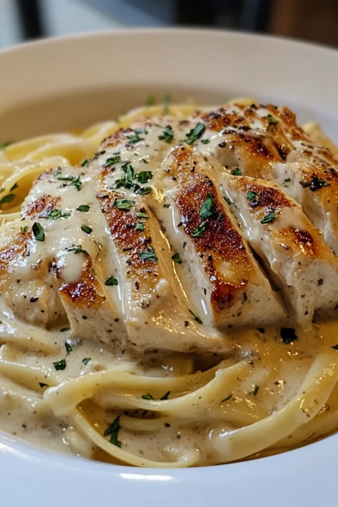 Close-up of creamy fettuccine alfredo pasta topped with grilled chicken slices and sprinkled with parsley.