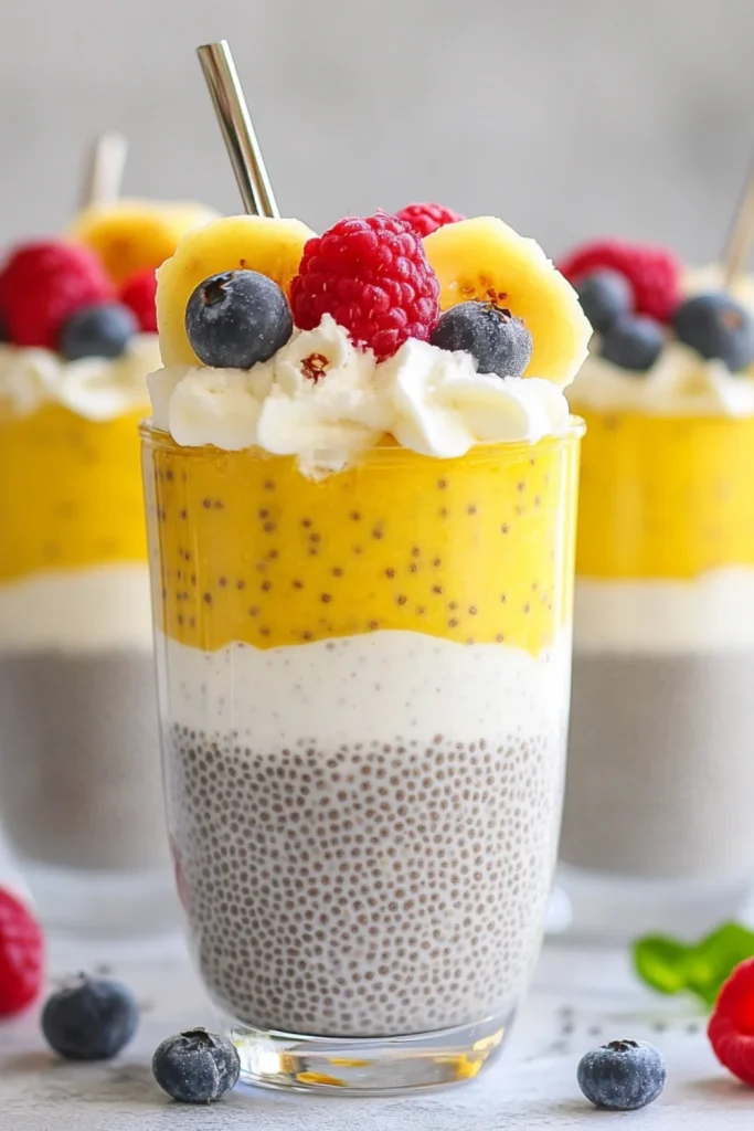 Ein Glas gefüllt mit cremigem Chia-Pudding, knusprigem Granola und frischen, saftigen Erdbeeren, garniert mit einer halbierten Erdbeere und einem goldenen Löffel. Im Hintergrund sind weitere Beeren auf einem rustikalen Teller zu sehen.