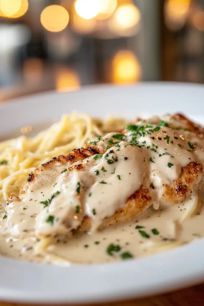 Close-up of creamy fettuccine alfredo pasta topped with grilled chicken slices and sprinkled with parsley.