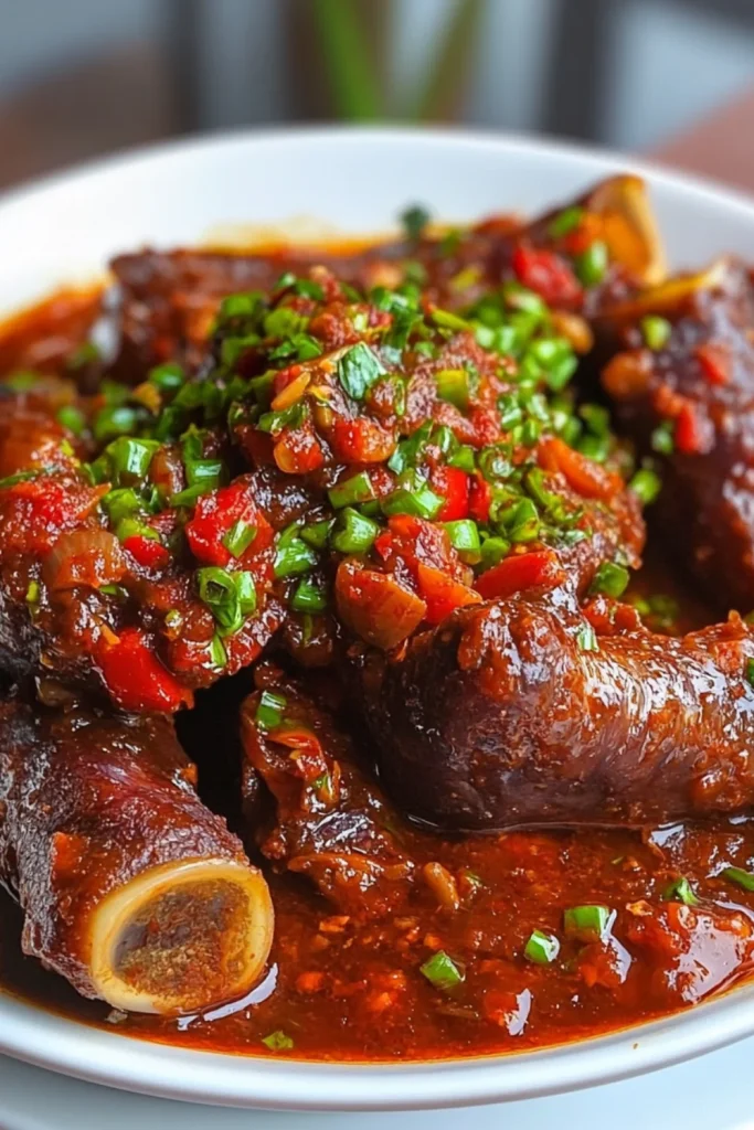 Zarte Lammrippen in würziger Tomatensauce, garniert mit frischen Kräutern.