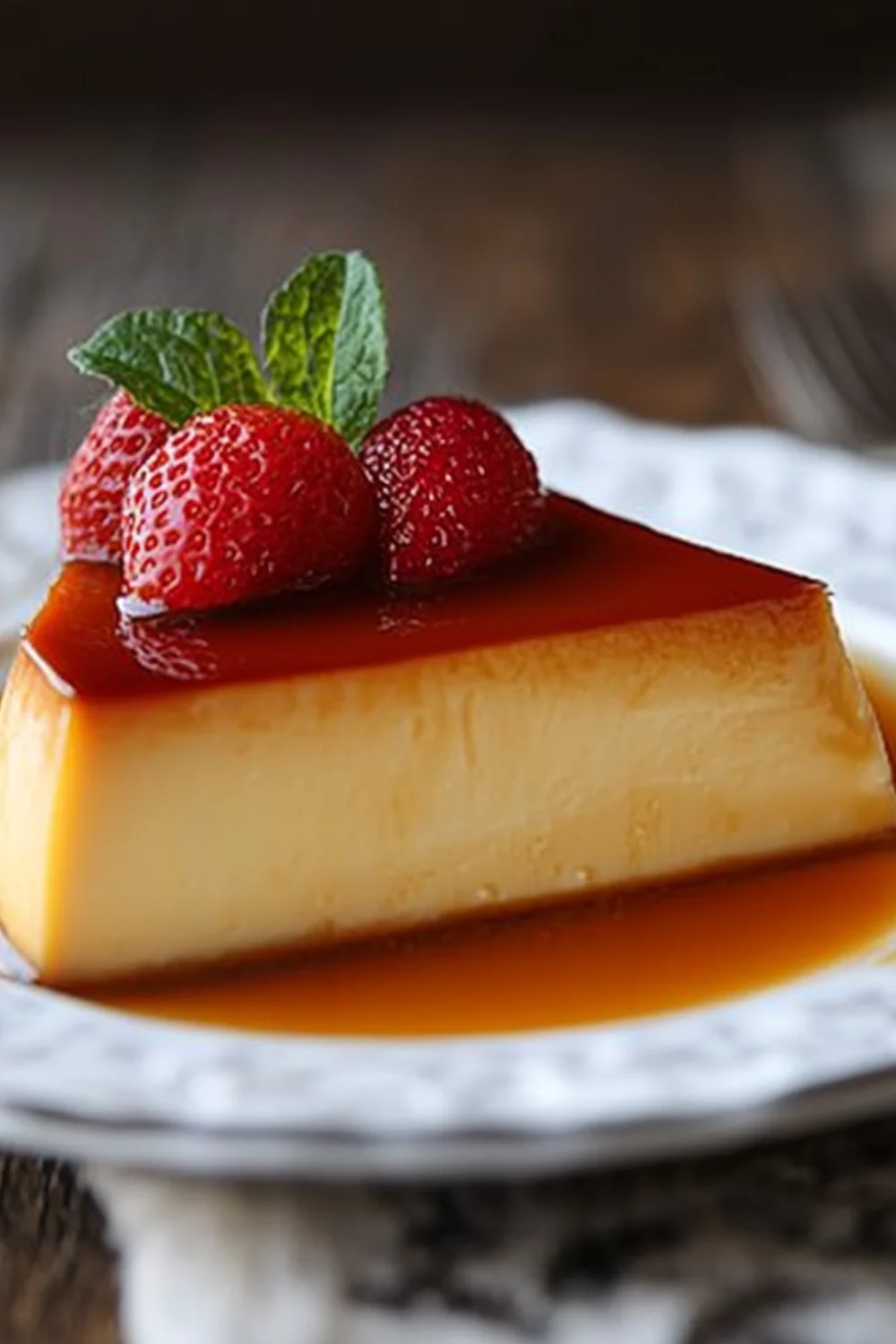 Eine köstliche Scheibe Flan, garniert mit frischen Erdbeeren und einem Minzblatt, in einer goldenen Karamellsauce serviert.