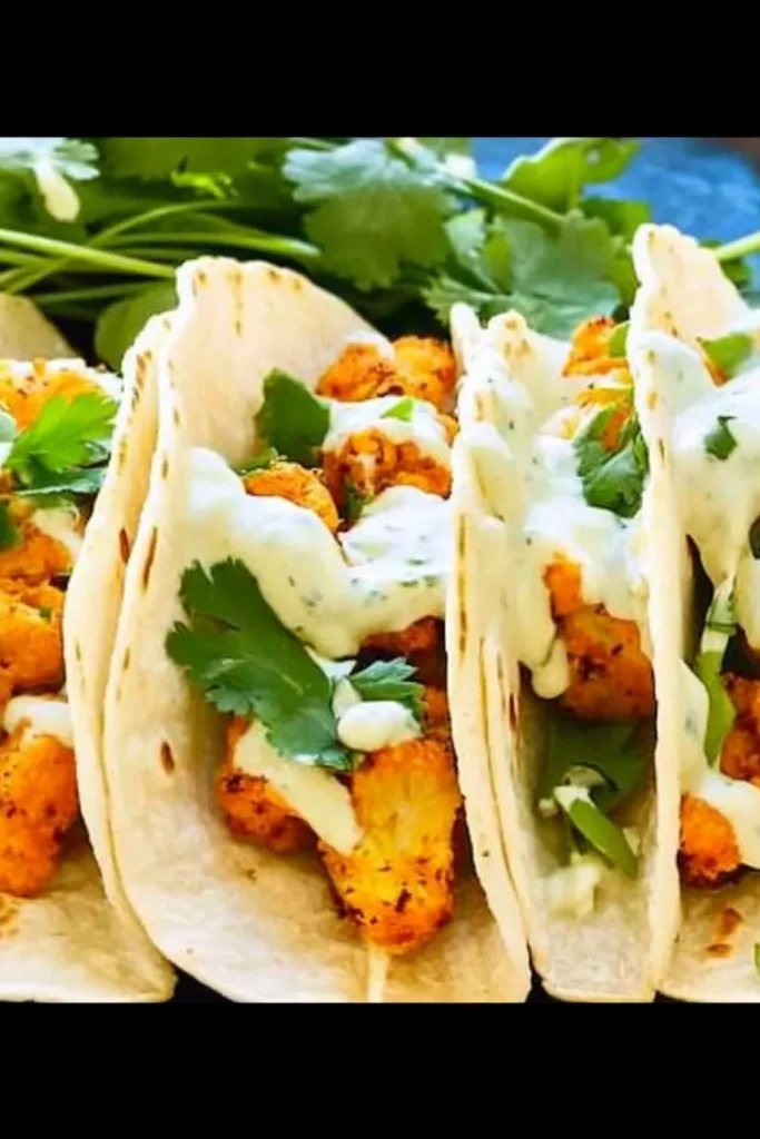 Drei weiche Tacos gefüllt mit knusprig gewürztem Blumenkohl, frischem Koriander und cremigem Kräuterdressing.