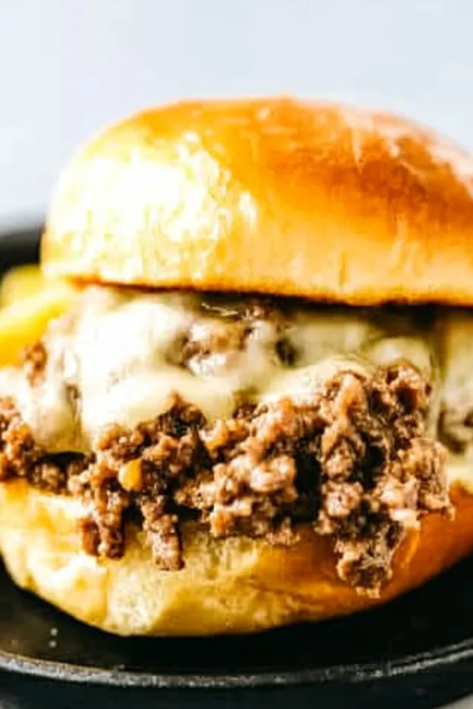 Nahaufnahme eines Sloppy Joe Burgers mit würzigem Hackfleisch und geschmolzenem Käse in einem weichen, goldbraunen Brötchen.
