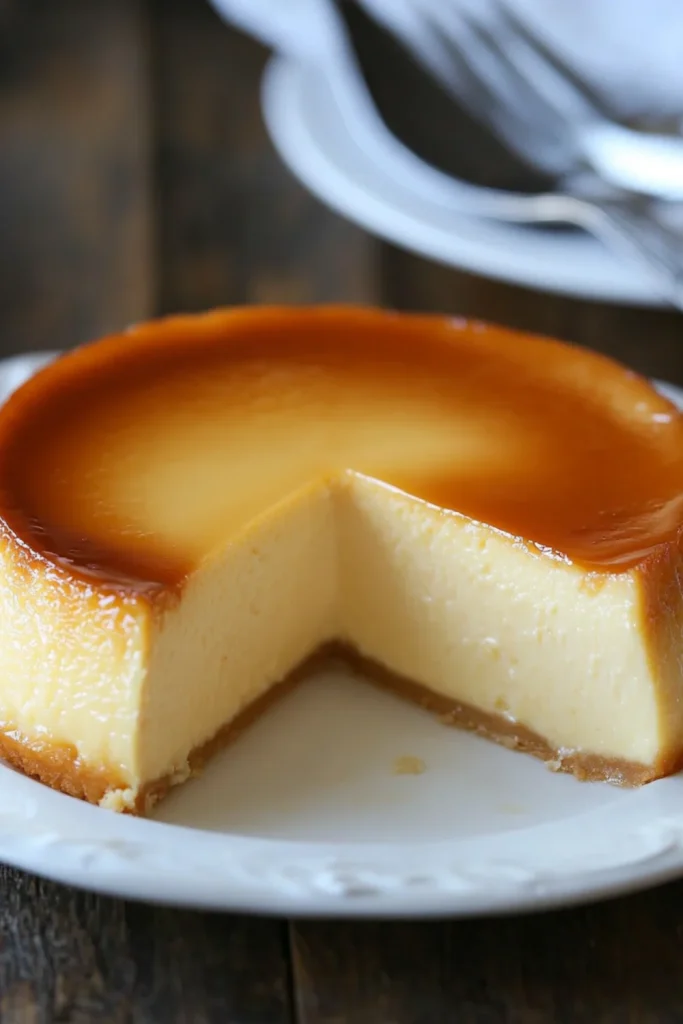 Eine köstliche Scheibe Flan, garniert mit frischen Erdbeeren und einem Minzblatt, in einer goldenen Karamellsauce serviert.