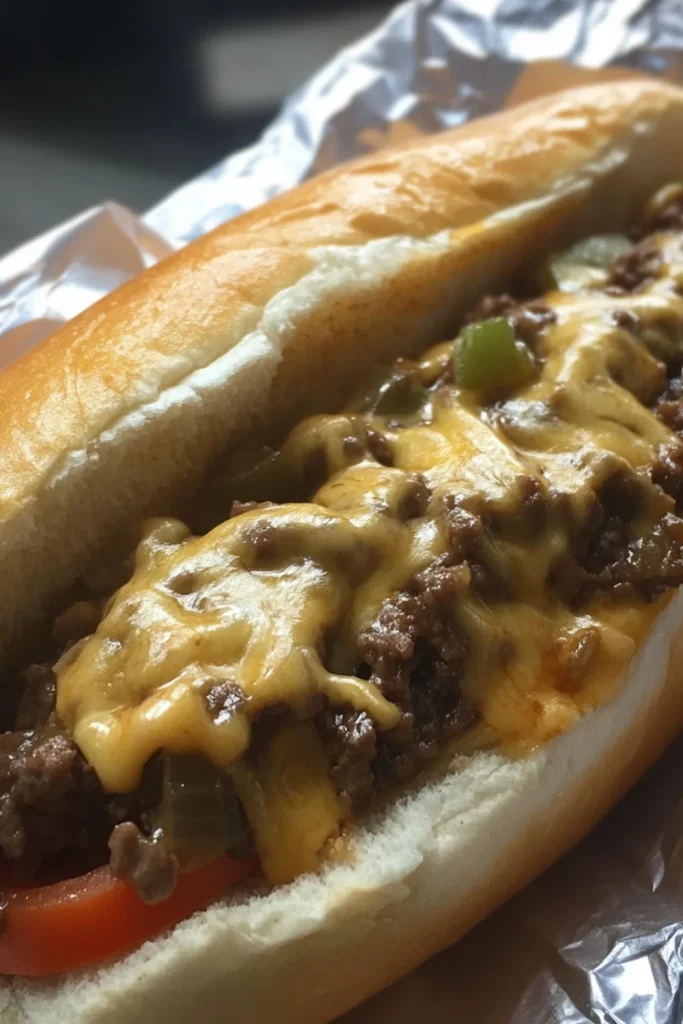 Nahaufnahme eines Sloppy Joe Burgers mit würzigem Hackfleisch und geschmolzenem Käse in einem weichen, goldbraunen Brötchen.