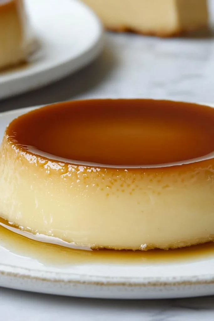 Eine köstliche Scheibe Flan, garniert mit frischen Erdbeeren und einem Minzblatt, in einer goldenen Karamellsauce serviert.