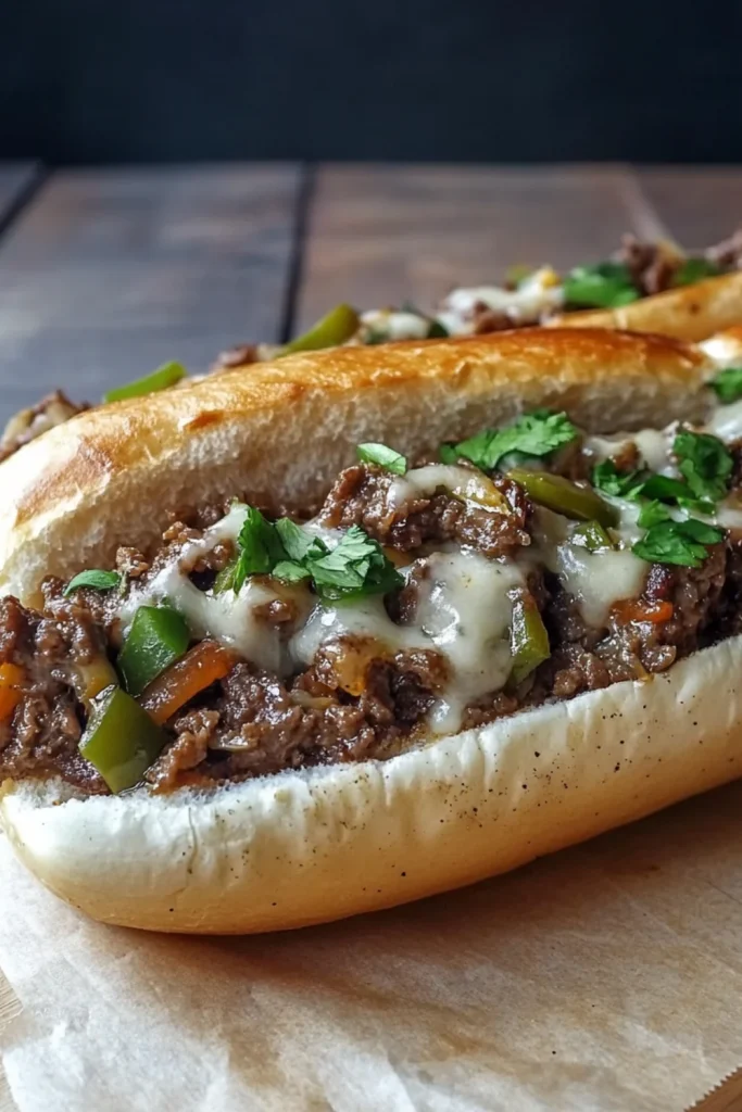 Nahaufnahme eines Sloppy Joe Burgers mit würzigem Hackfleisch und geschmolzenem Käse in einem weichen, goldbraunen Brötchen.