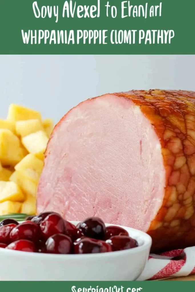 Schinken aus dem Slow Cooker mit Ananas und Kirschen, serviert mit einer Beilage aus frischen Ananasstücken und Kirschen.