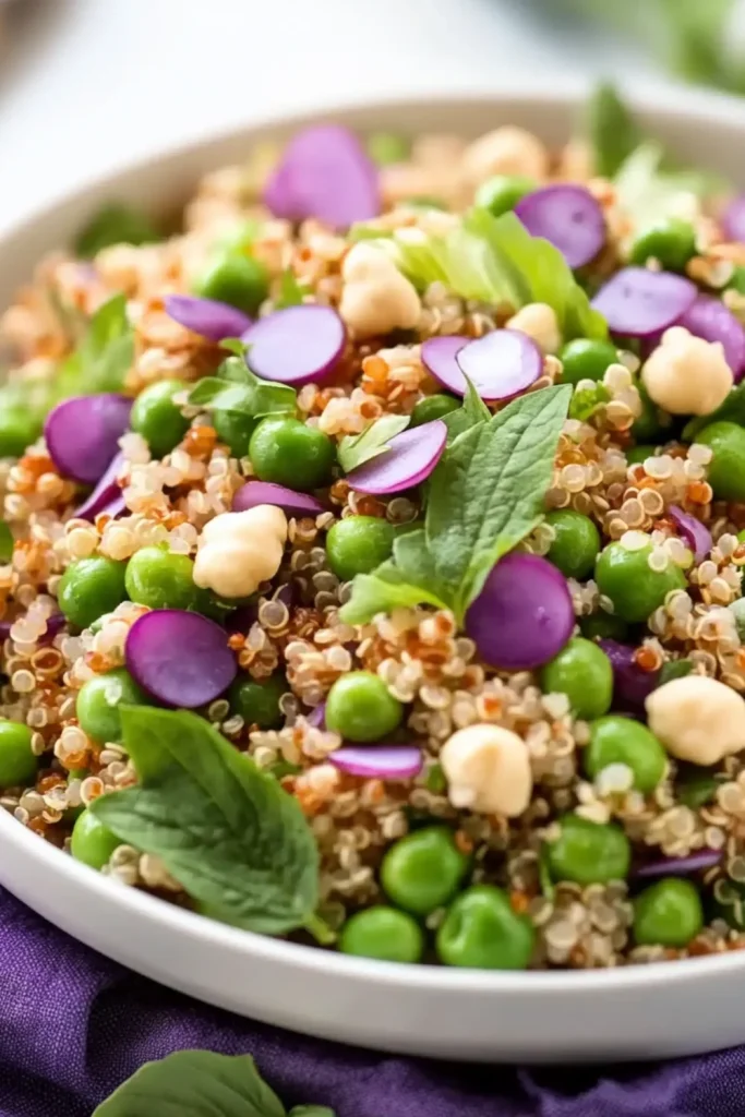 Quinoa-Salat mit frischen Erbsen, roten Zwiebeln und Kräutern.