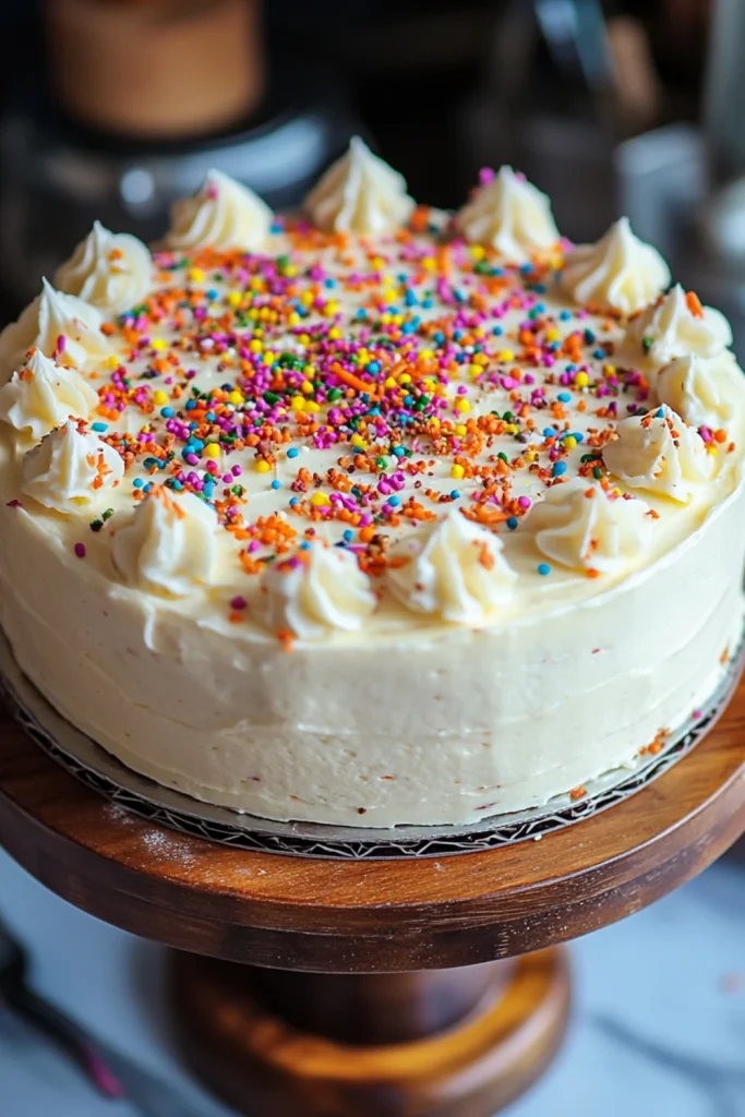 Ein saftiger, hausgemachter Karottenkuchen mit einer großzügigen Schicht Frischkäse-Frosting, der in dicke Schichten geschnitten und mit frischen Karottenstückchen verziert ist.