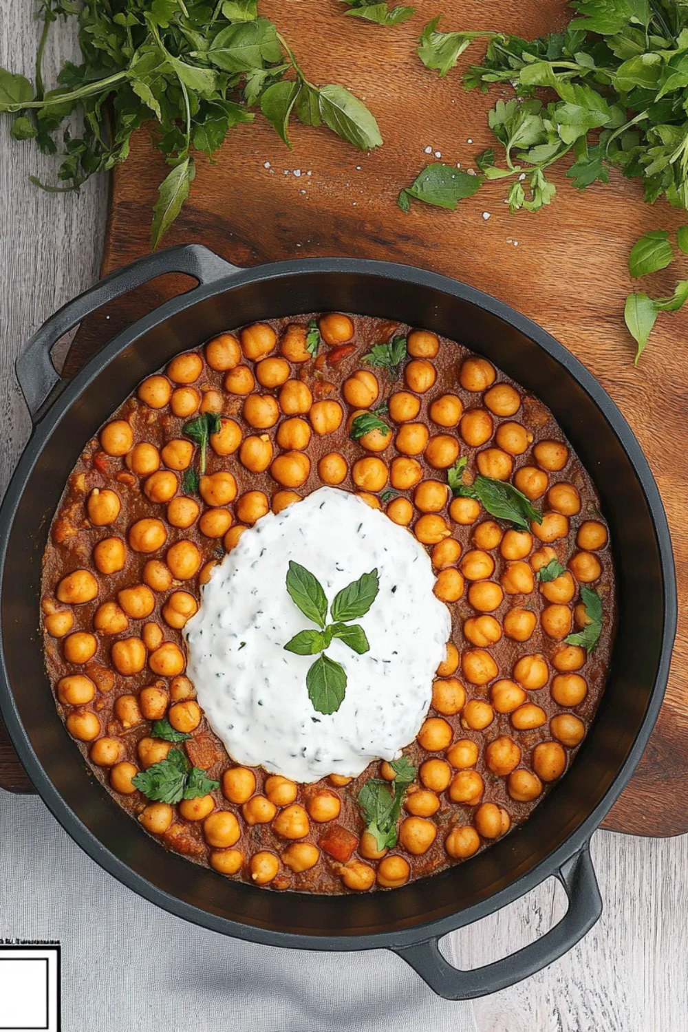 "Ein Gericht mit schnell zubereitetem Kichererbsen-Curry, garniert mit frischem Joghurt und Kräutern."