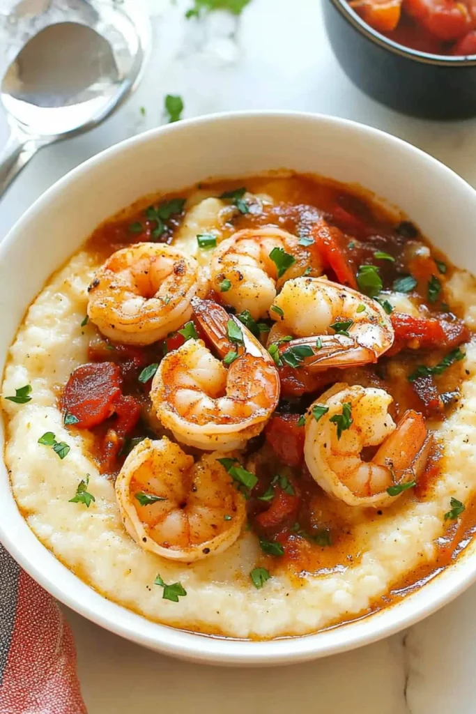 „Schmackhafte Cajun-Garnelen auf einer Basis aus cremigen Grits, garniert mit frischen Kräutern und einer herzhaften Tomaten-Garnelen-Sauce.“