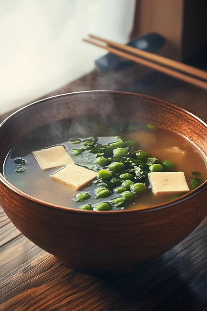 Nahaufnahme einer dampfenden Miso-Suppe mit Tofuwürfeln, Frühlingszwiebeln und Algen, serviert in einer traditionellen braunen Holzschale.