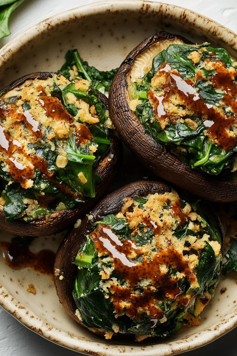 Leckere, frisch gefüllte Portobello-Pilze mit Spinat, Leinsamen und knusprigem Brotkrümeltopping, serviert in einer Schale.