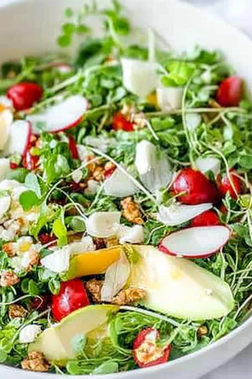Ein frischer Salat aus Microgreens, Tomaten, Radieschen, Apfelstücken und Walnüssen, angemacht mit einer Balsamico-Vinaigrette – eine süß-herzhafte Geschmackskombination.