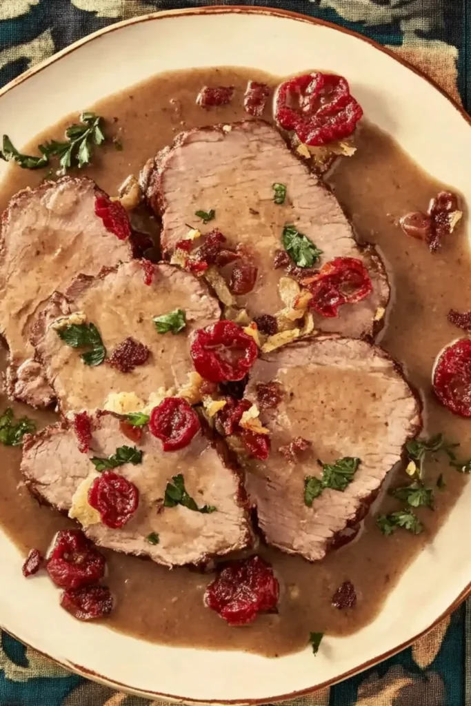 Zartes Sauerbraten, in Scheiben geschnitten, serviert mit einer würzigen Bratensoße, getrockneten Tomaten und frischer Petersilie.