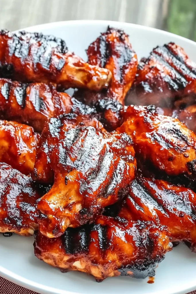Gegrillte BBQ-Hähnchenflügel, glänzend mit Barbecuesoße überzogen und mit Grillstreifen.