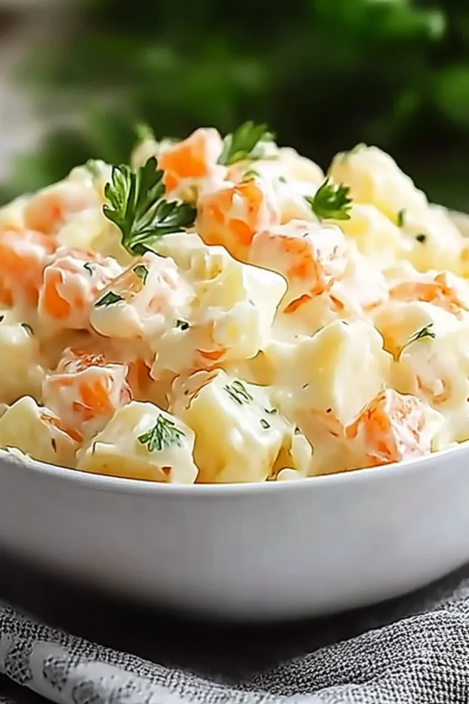 Cremiger Kartoffelsalat mit drei Sorten Kartoffeln und Karottenwürfeln, garniert mit Petersilie in einer weißen Schale.