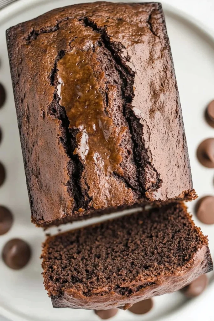 Ein frisch geschnittenes Schokoladen-Bananenbrot, das mit Schokoladenstückchen gefüllt ist und eine glänzende, feuchte Oberfläche aufweist.