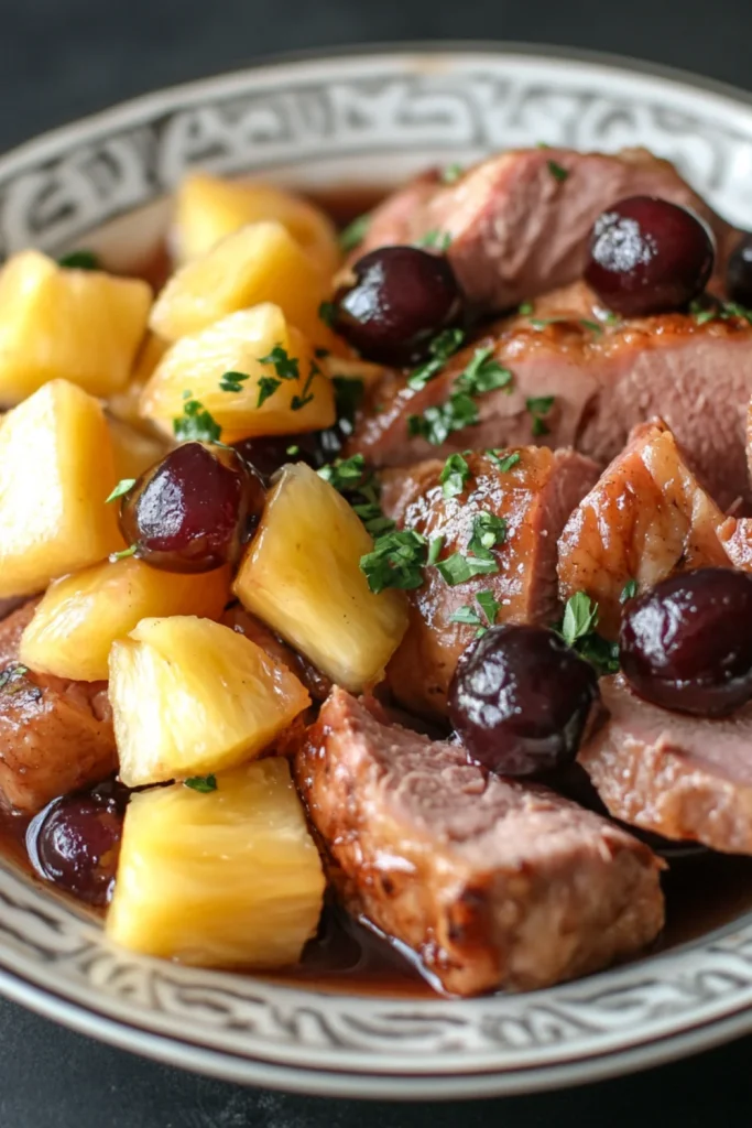 Schinken aus dem Slow Cooker mit Ananas und Kirschen, serviert mit einer Beilage aus frischen Ananasstücken und Kirschen.